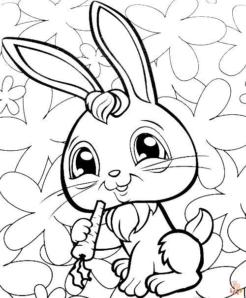 ぬりえウサギの漫画、イースター、リアル、ジャンプ、かわいい、花付き