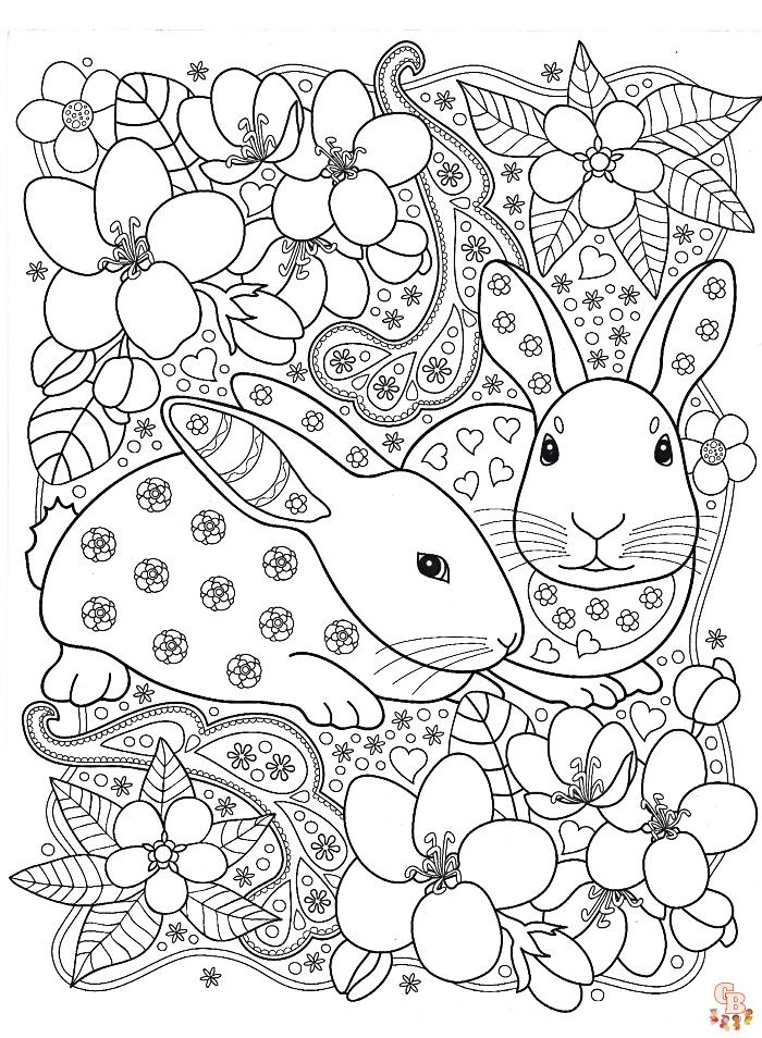 Coloriage Lapin Dessin animé, Pâques, réaliste, sautant, mignon, avec fleurs
