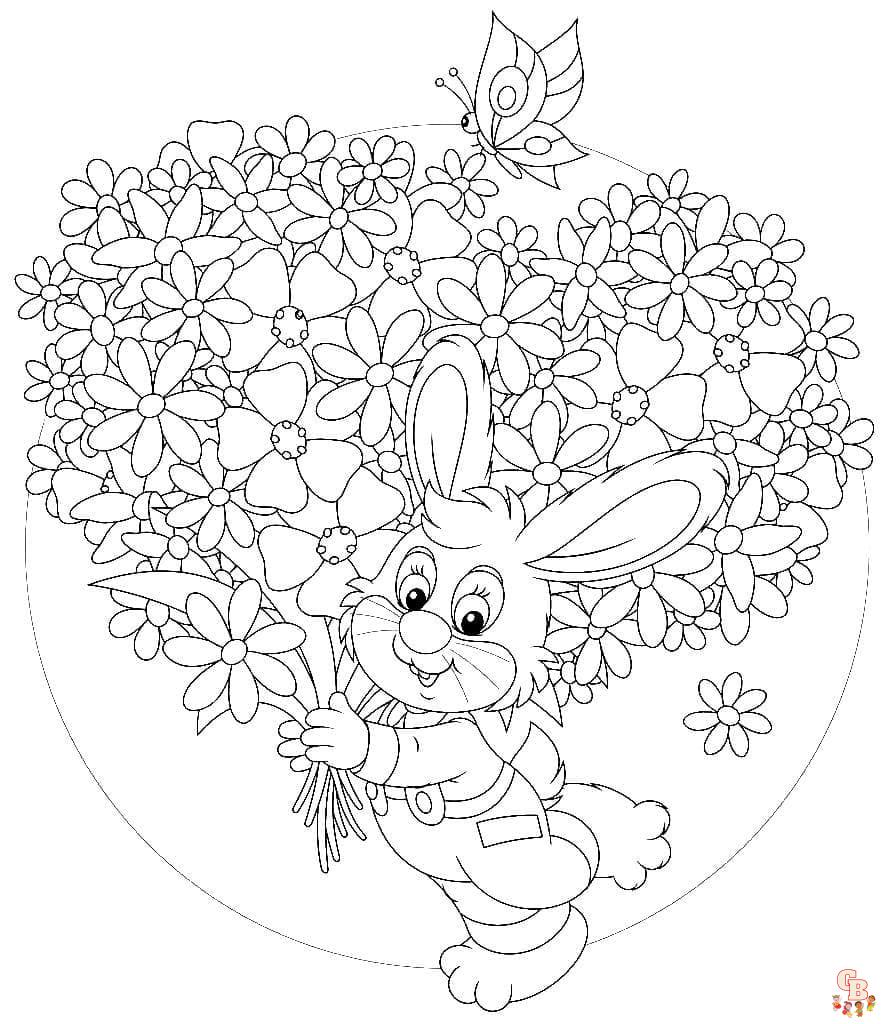 Kolorowanka Królik, Wielkanoc, realistyczny, skaczący, uroczy, z kwiatami