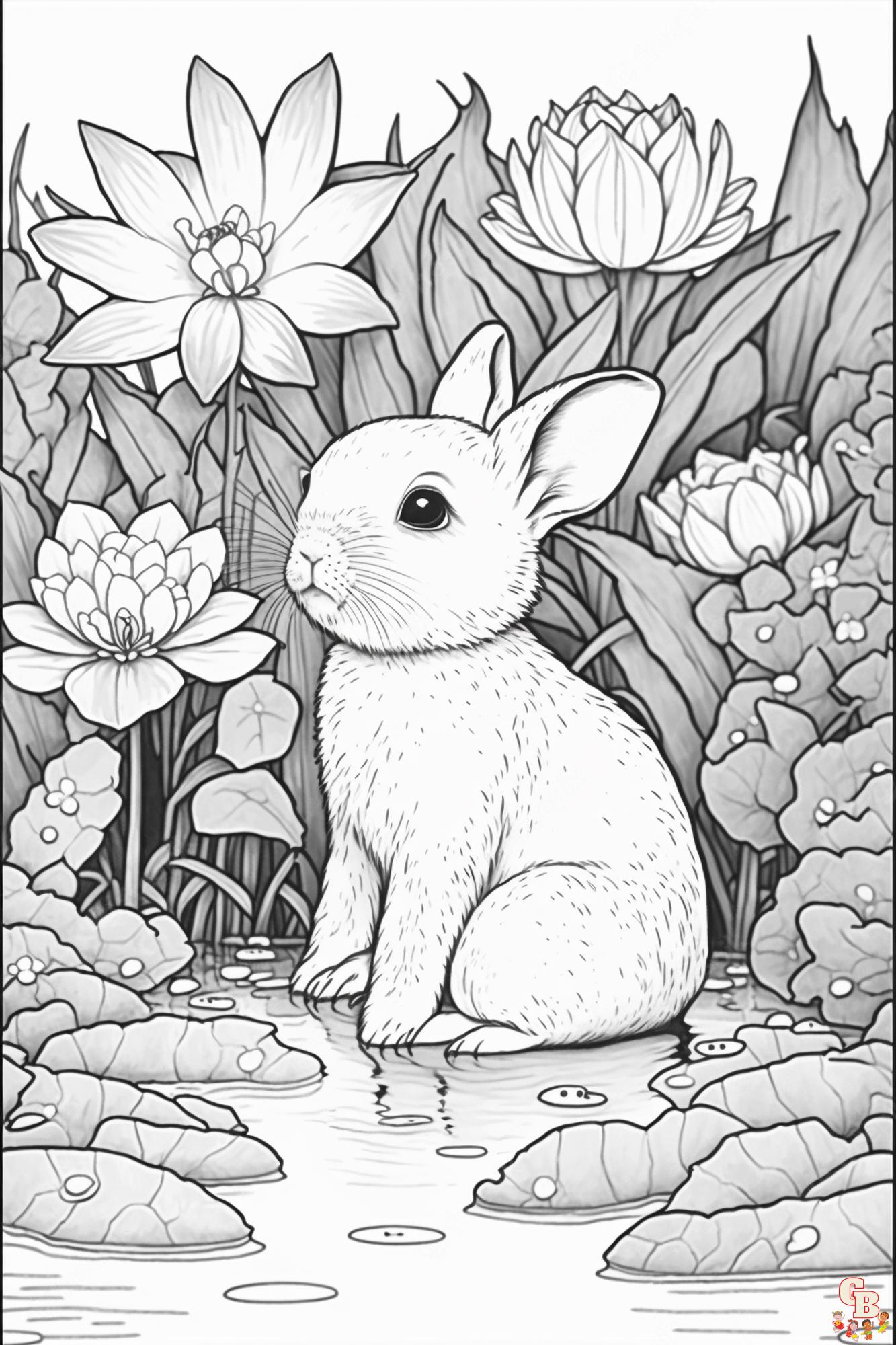 Dibujos animados de conejo para colorear, Pascua, realista, saltando, lindo, con flores