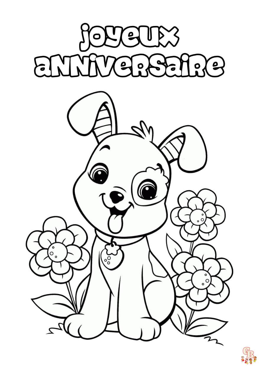 chien mignon fleurs carte joyeux anniversaire colorier